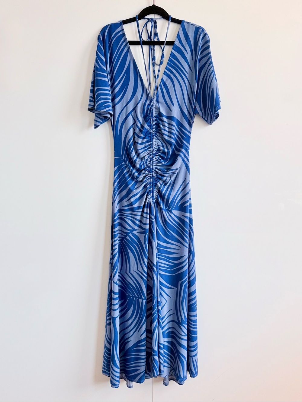 WHBM Blue Palm Print Ruched Front Midi Dress NWT Size XS